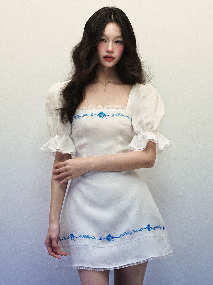 Women's Summer Blue Embroidered Horn Short Sleeve White Linen Generous Neck Dress