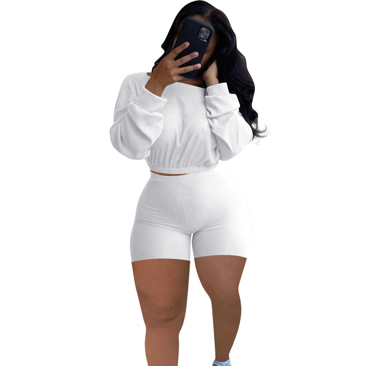 Sunken Stripe Solid Color Off-the-shoulder Two-piece Set