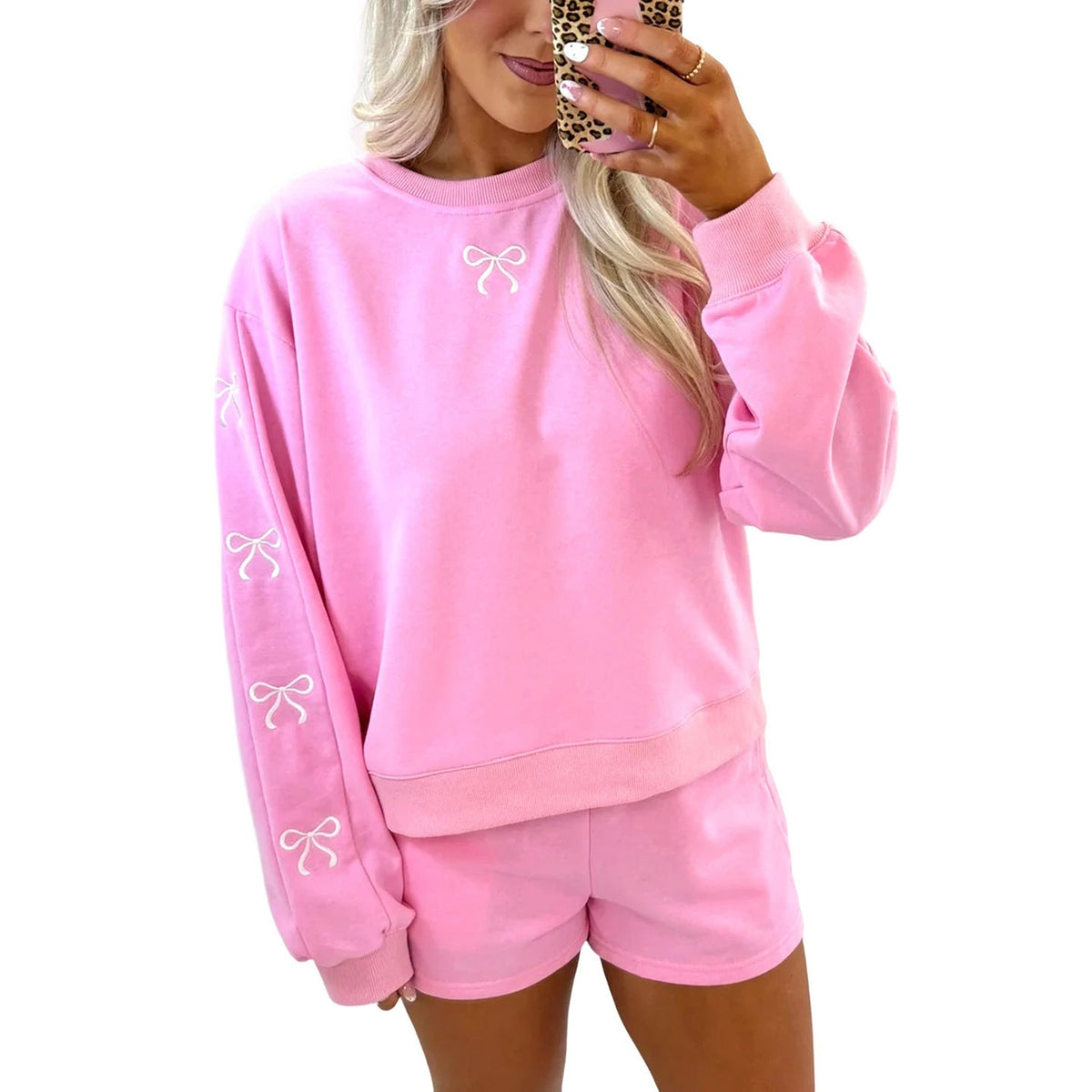 Casual Loose-fit Crew-neck Pullover Solid-color Embroidered Long-sleeve Top And Shorts Set