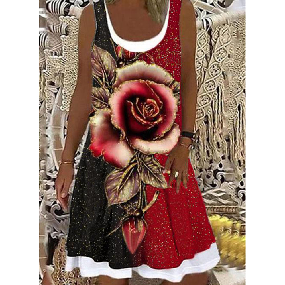 Women's Printed Patchwork Round Neck Sleeveless Pleating Dress