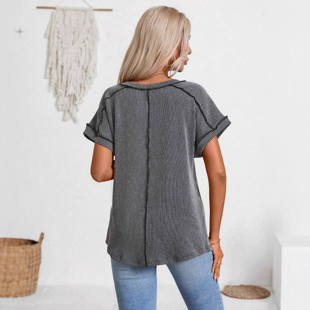 Fashionable Two-tone Twisty Stretch Short-sleeve V-neck Top Women's T-shirt