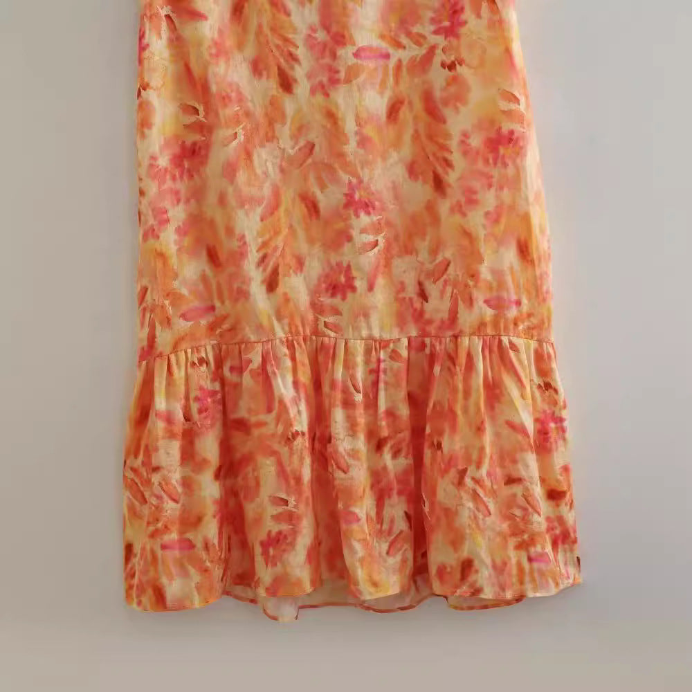V-neck Flounce Design Backless Print Dress