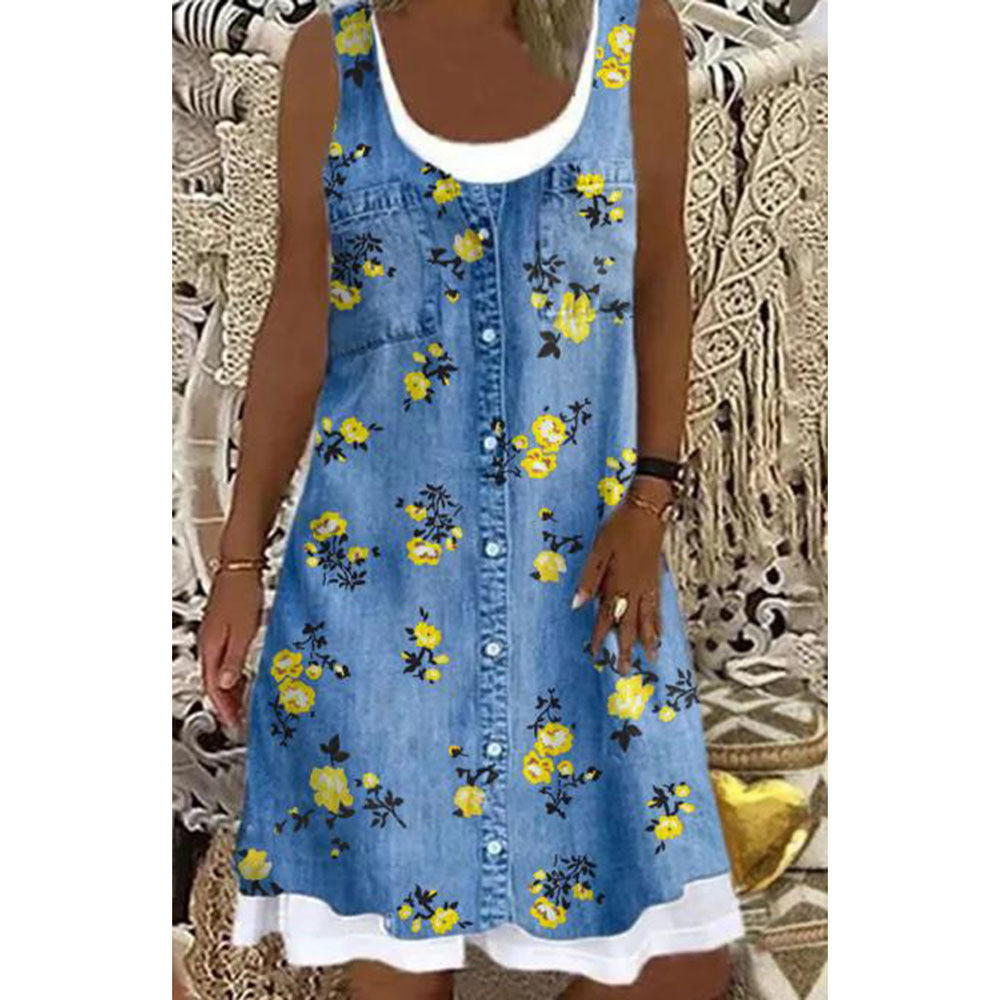 Women's Printed Patchwork Round Neck Sleeveless Pleating Dress