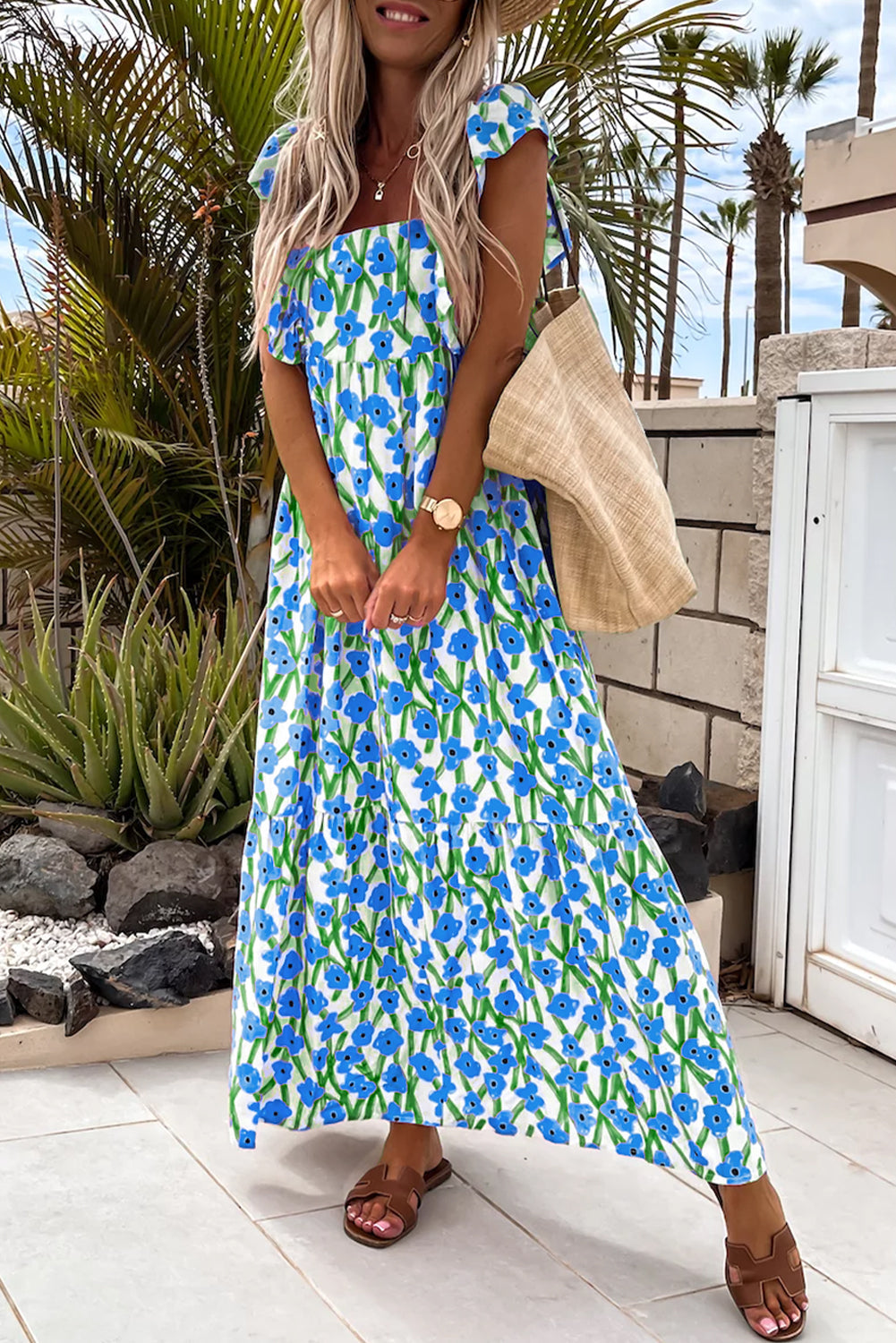 Pink Floral Print Square Neck Ruffled Strap Maxi Dress