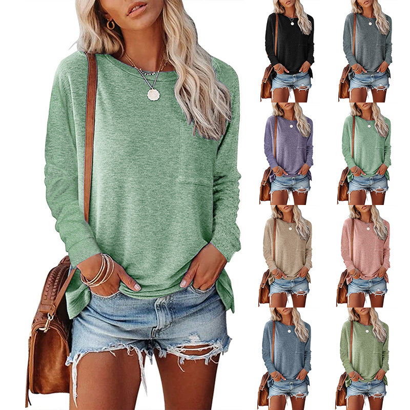 Women's Pocket Split Long Sleeve T-Shirt | Casual Round Neck Layering Top