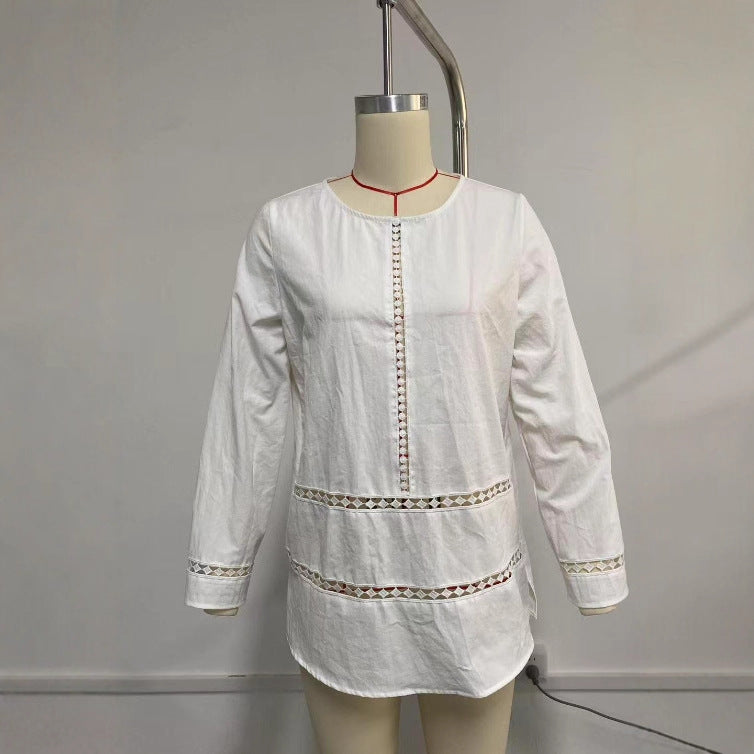 Versatile Women's Round-neck Semi-sheer Hollow-out Long-sleeve Shirt