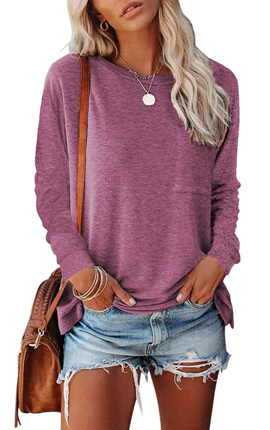 Women's Pocket Split Long Sleeve T-Shirt | Casual Round Neck Layering Top