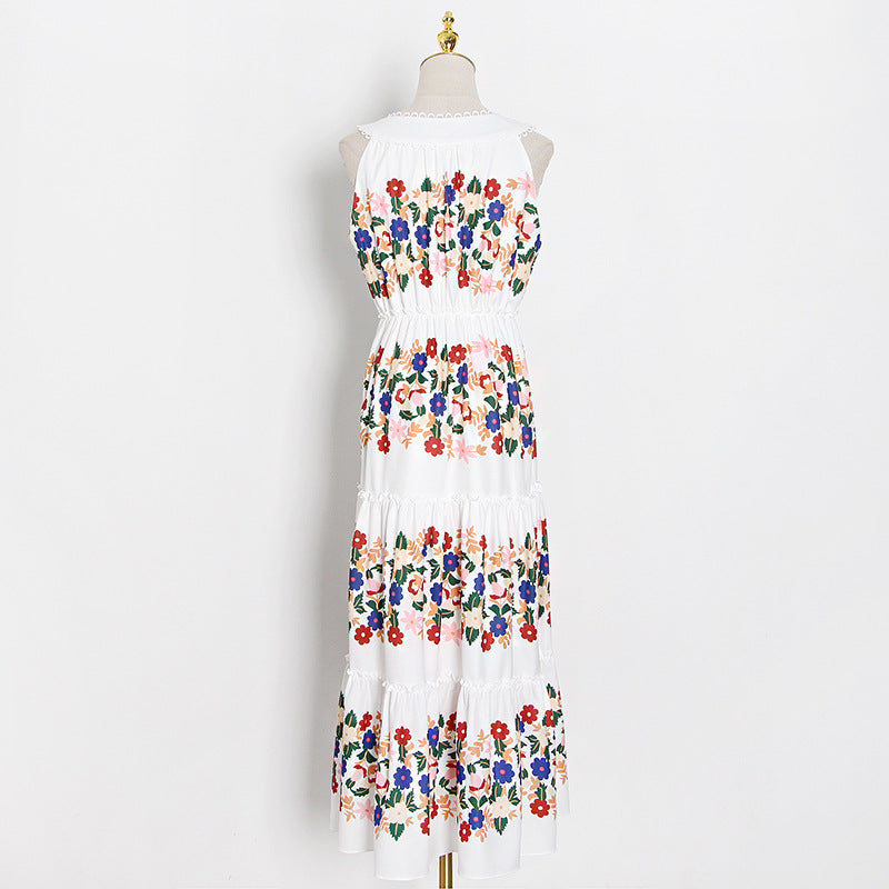 European And American Printed Ruffles Dress Summer New V-neck Sleeveless Patchwork Long Dress Women