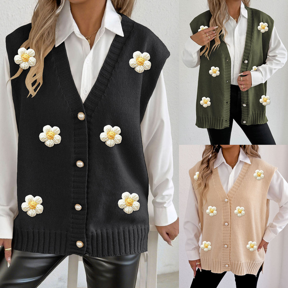 Women's Pearl Button Cardigan Crocheted Stitching Sweater Vest