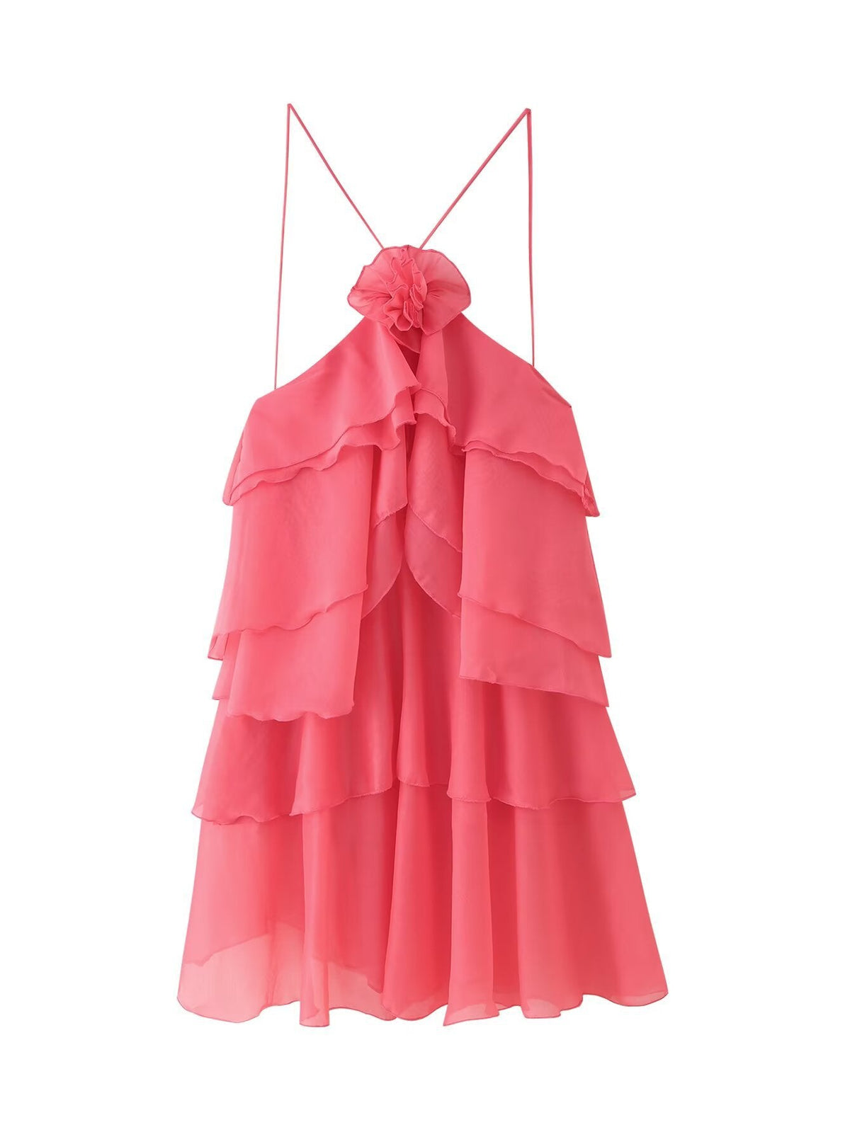 Fashion Three-dimensional Flower Decoration Laminated Ruffled Halter Dress