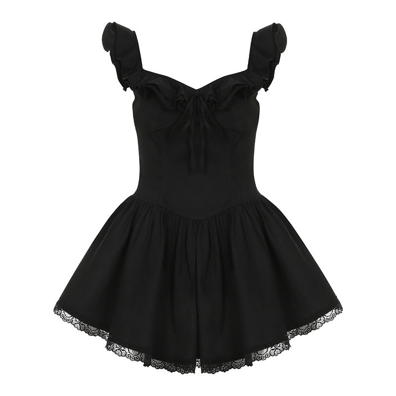 Lace Edge Stitching Depth V-neck Lace-up Dress
