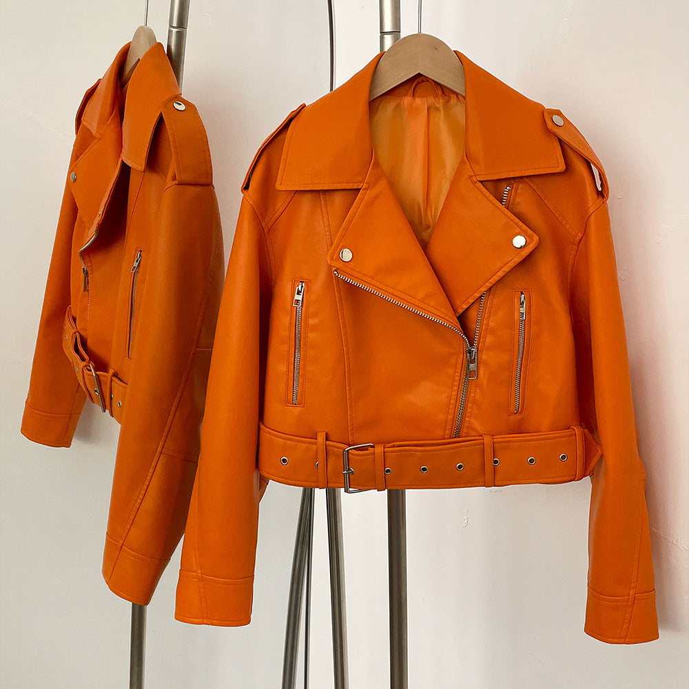 Women's Spring And Autumn Lapel Short Fashionable Casual Figure Flattering Leather Coat