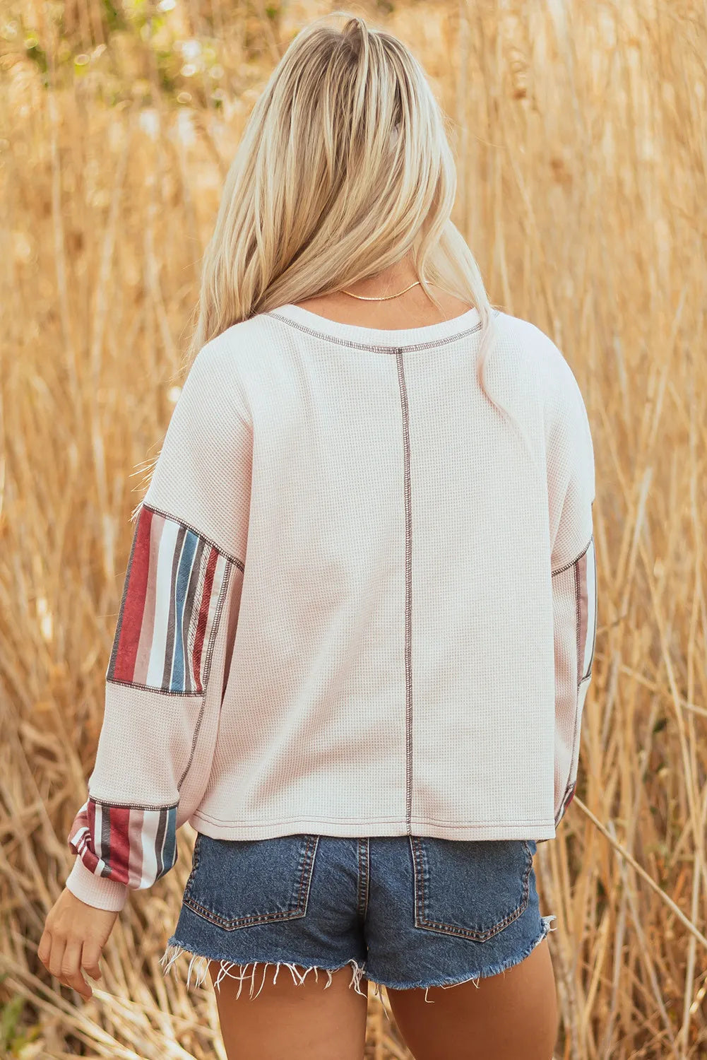 Beige Striped Waffle Patchwork Exposed Seam Raw Edge Casual Knit Top
