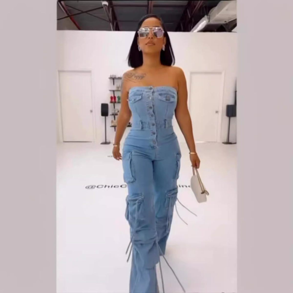 Tube Top Multi-pocket Workwear Jumpsuit Multi-button