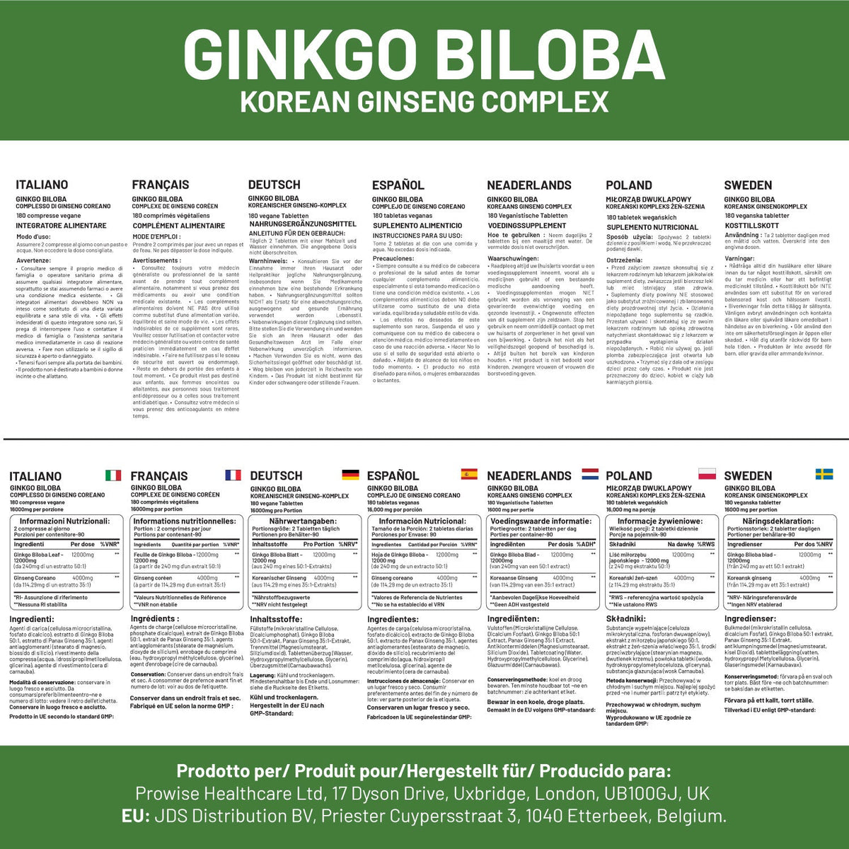 Ginkgo Biloba and Korean Ginseng Tablets 16000mg 180 Vegan Tablets by Prowise