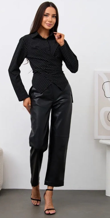 Women's Designer-style Shirt With A Turn-down Collar Slanted Front Placket And A Fitted Waist