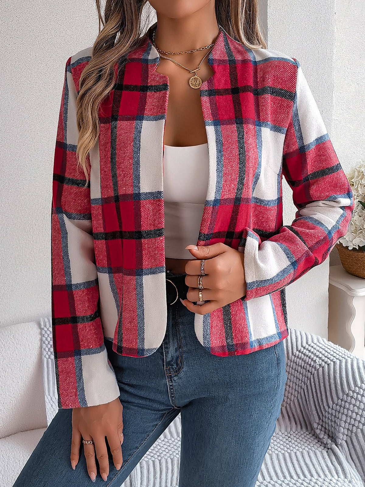 Women's Casual Plaid Long Sleeve Tweed Set