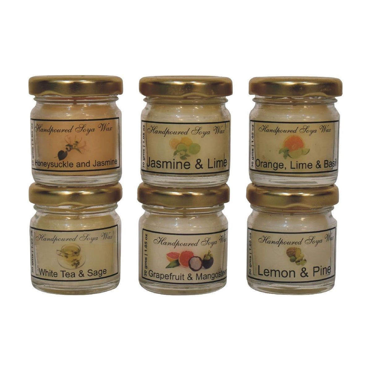 Artisan Mini Candle Set of 6 (Honeysuckle & Jasmine, Jasmine & Lime, Orange, Lime & Basil, White Tea & Sage, Grapefuit & Mangosteen and Lemon & Pine)