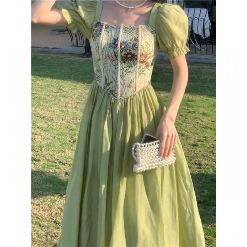 Square Neck Vintage Oil Painting Sense Patchwork Dress