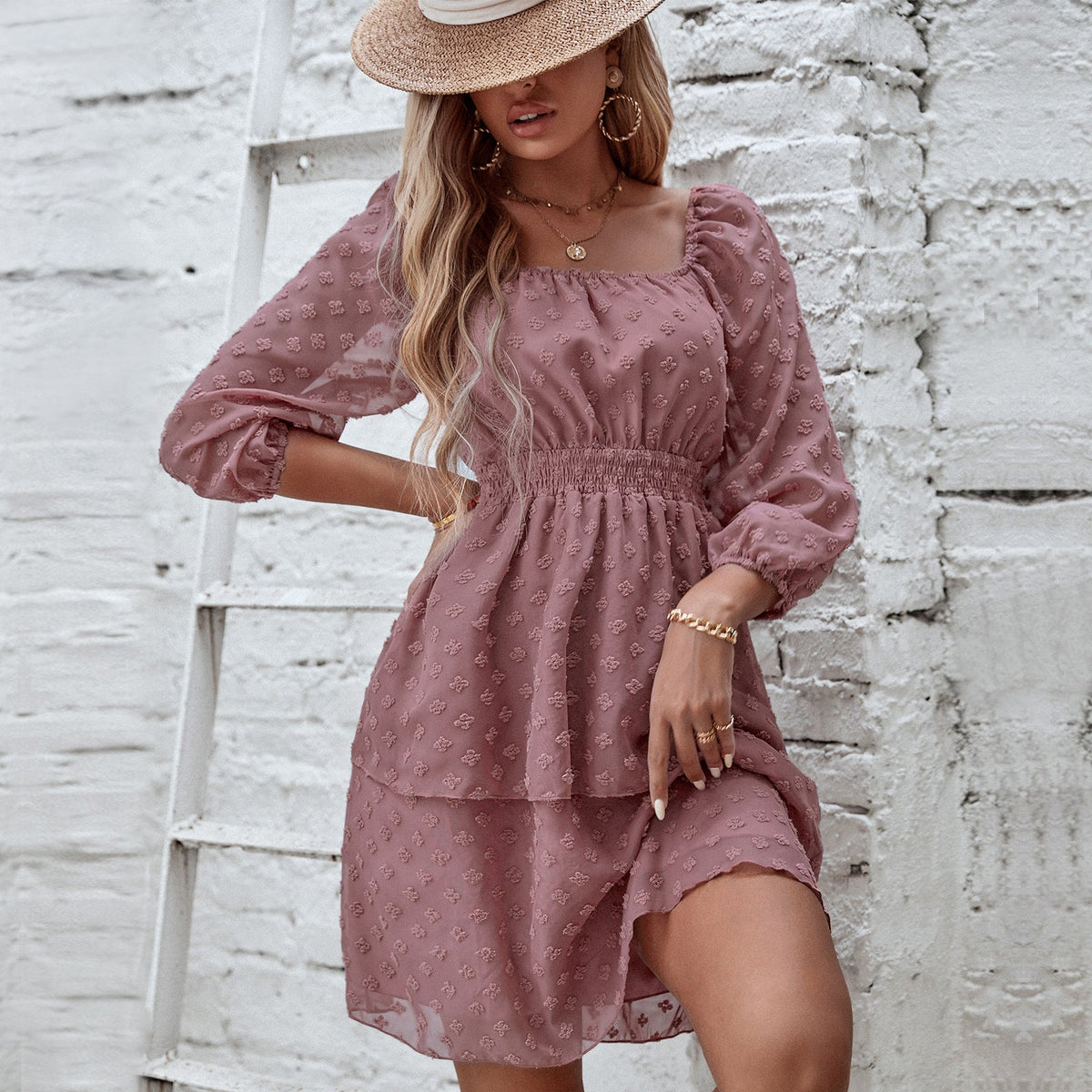 Women's Fashion Square Neck Backless Jacquard Dress