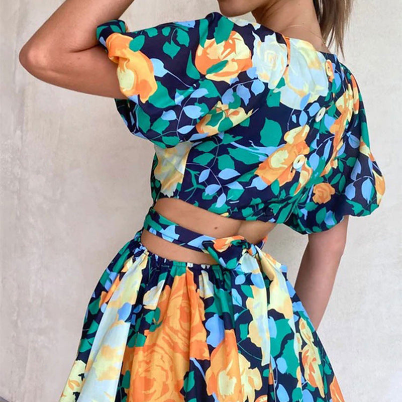 Women's V-Neck Cutout Backless Lantern Sleeve Dress