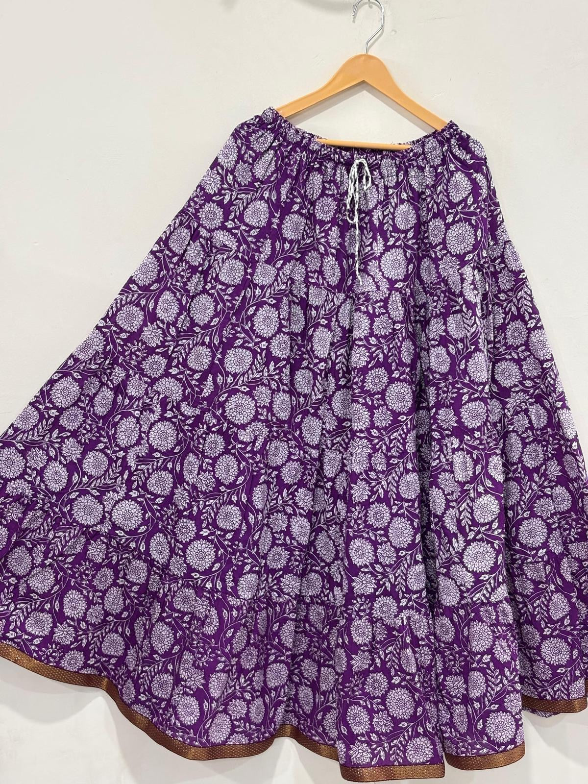 Blackfever Purple Floral Tiered Cotton Maxi Skirt with Gold Border-  Free Size