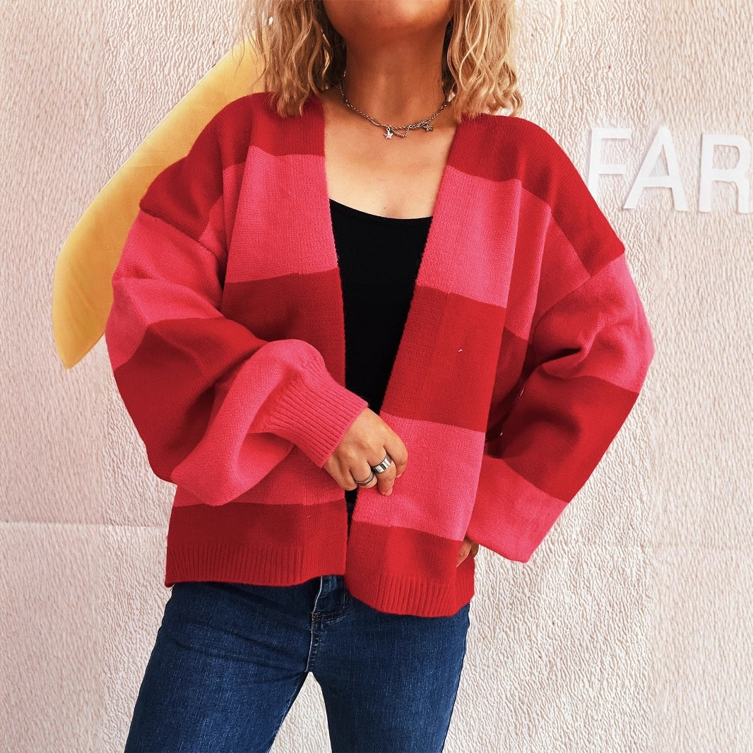 European And American Style Contrast Color Striped Cardigan Women's Loose Long Sleeve Sweater Coat