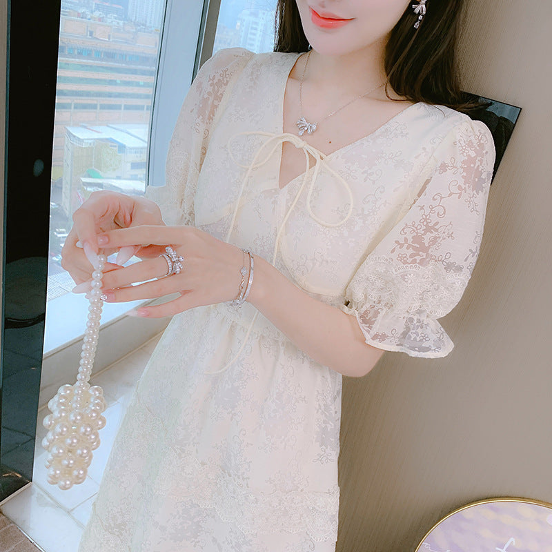 French Retro Women Summer New Lace V-neck Dress