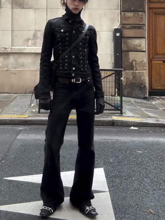 Black Lace-Up Deconstructed Denim Jacket