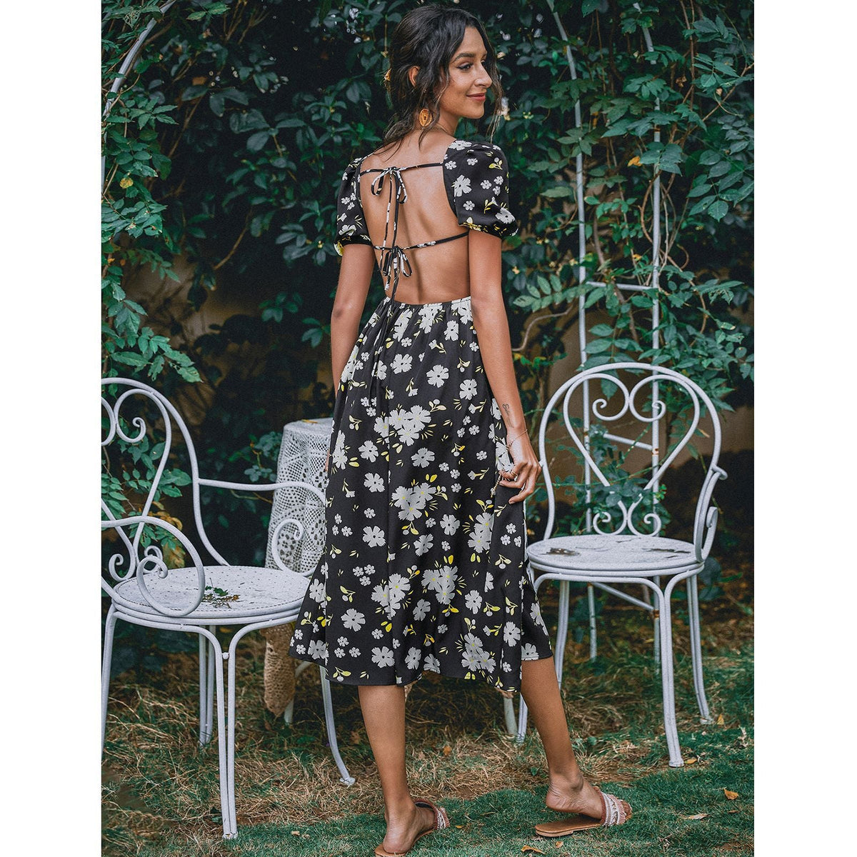 Square Neck Skirt Fashion Print Backless Dress