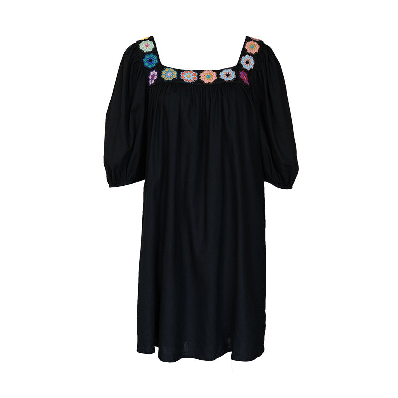 Black Retro Square Neck Dress For Women