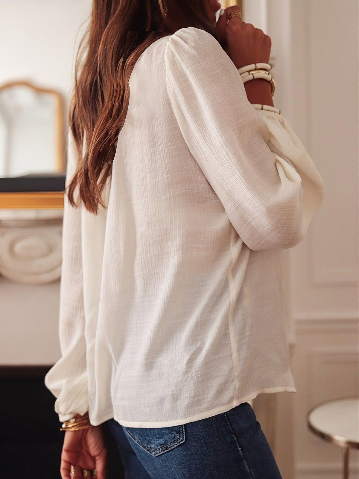 Women's Casual Solid-Color Hollowed-Out Lace Loose Shirt