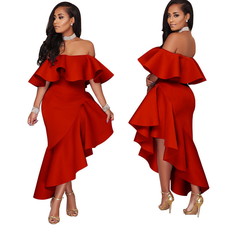 One-line Neck Ruffled Backless Ladies Dress Dress Long Skirt