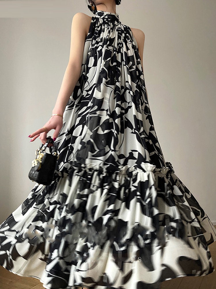 Summer French Haute Couture Black Floral Halter Neck Dress