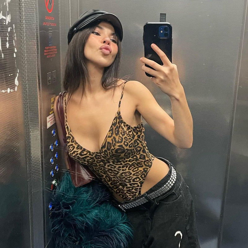 Women's Summer Leopard Print V-neck Sling Backless Bodysuit