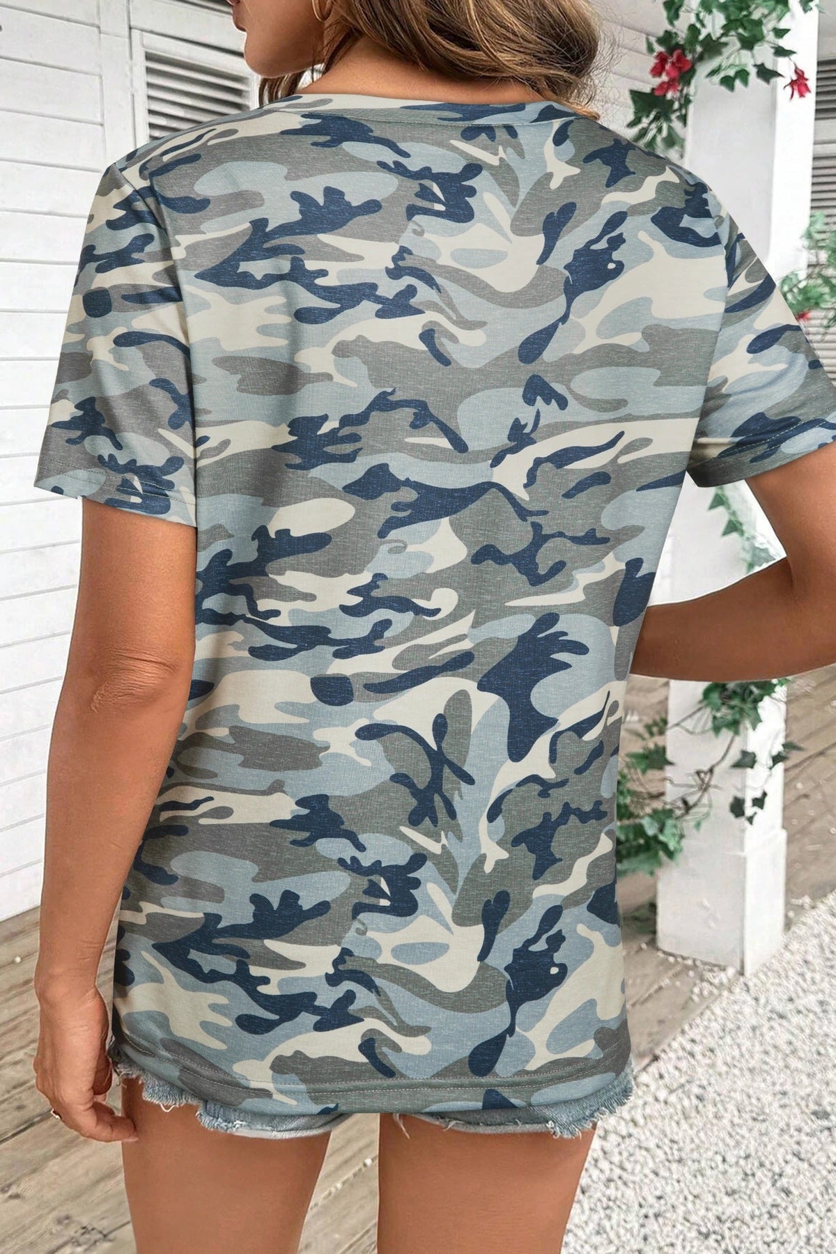Women's Casual Loose-fit Crew-neck Camouflage Sports Short-sleeve
