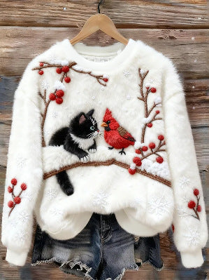 3D Digital Printed Flannel Christmas Women's Crew-Neck Sweater