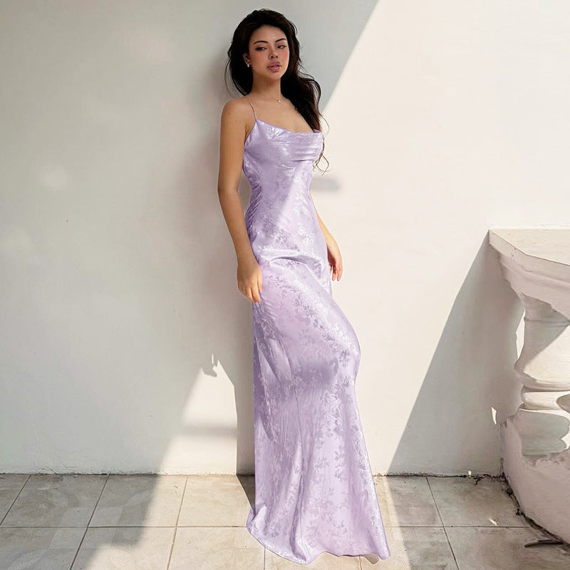 Women's Summer French Style Temperament Satin Backless Long Dress