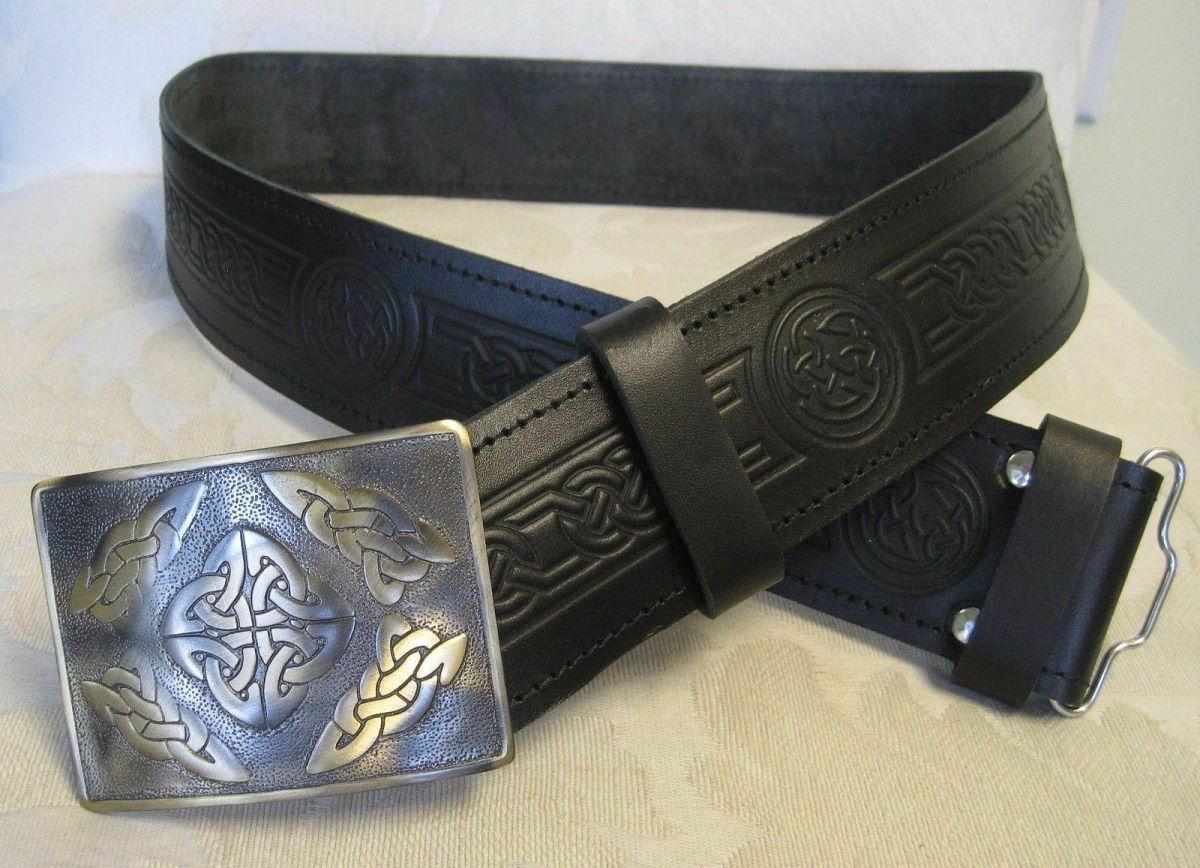 Embossed Celtic Knot Leather Belt & Antiqued Celtic Buckle Scottish Men's Kilt