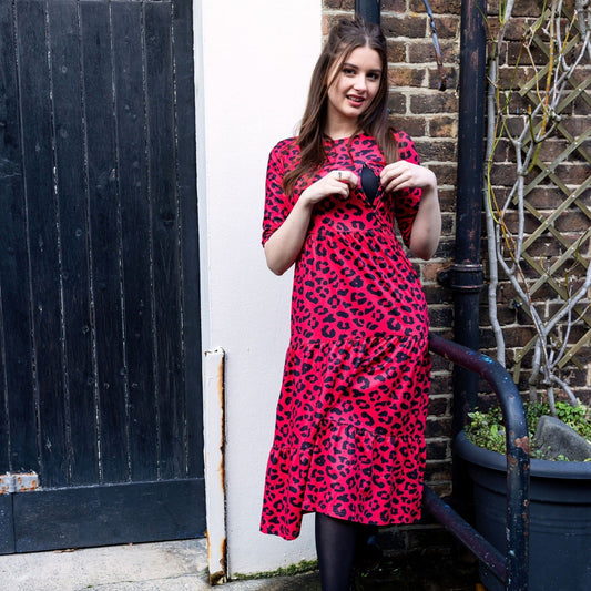 Red Leopard Print Midi Nursing Dress – Discreet Zip Access