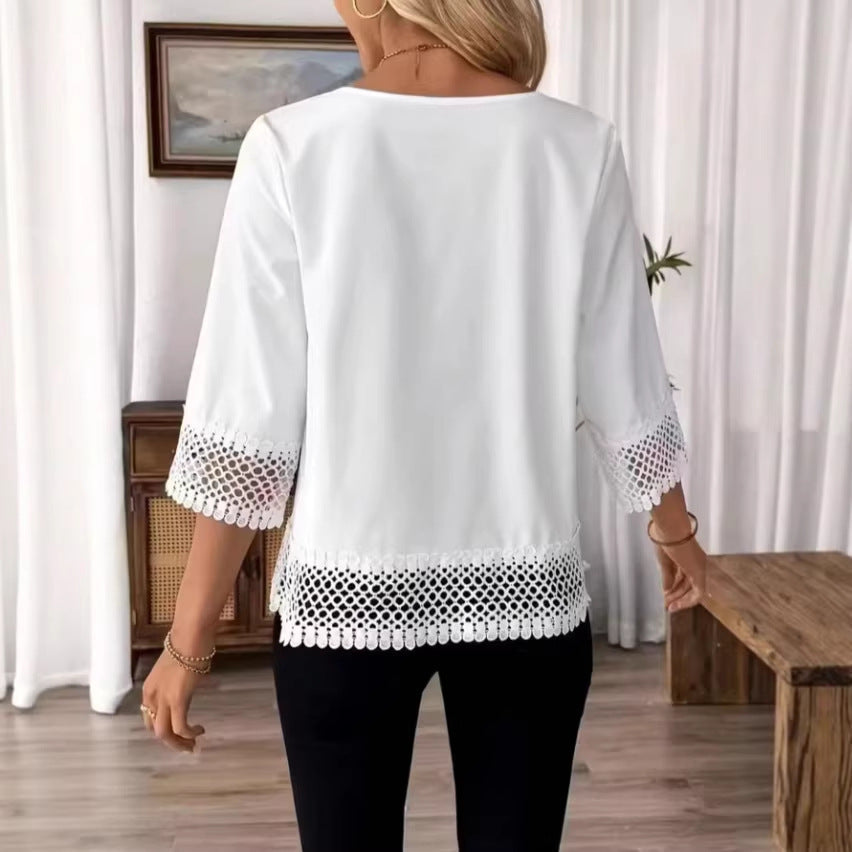 Women's Solid-Color Lace Trim Crewneck T-Shirt