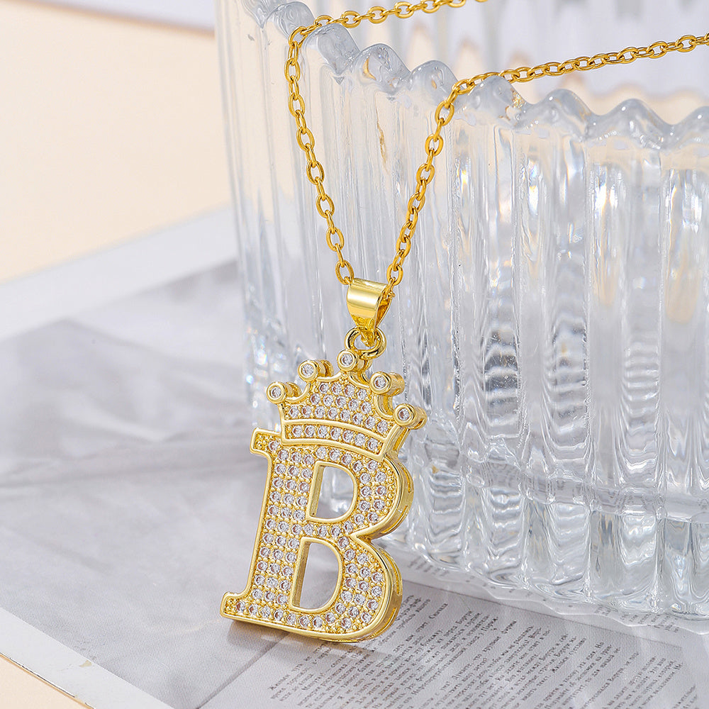 1PCS Fashionable Gold Diamond Crown Uppercase Letter Popular Pendant Necklace Suitable For Daily Use Festivals Parties Gifts Jewelry Set