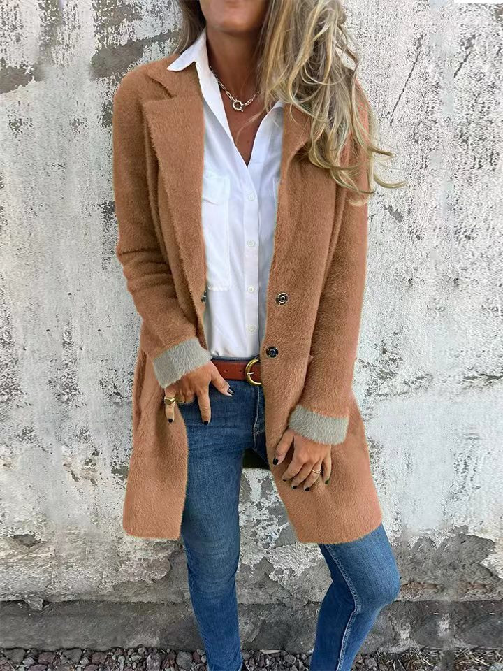Polo Collar Pocket Cardigan Single-breasted Mid-length Plush Coat