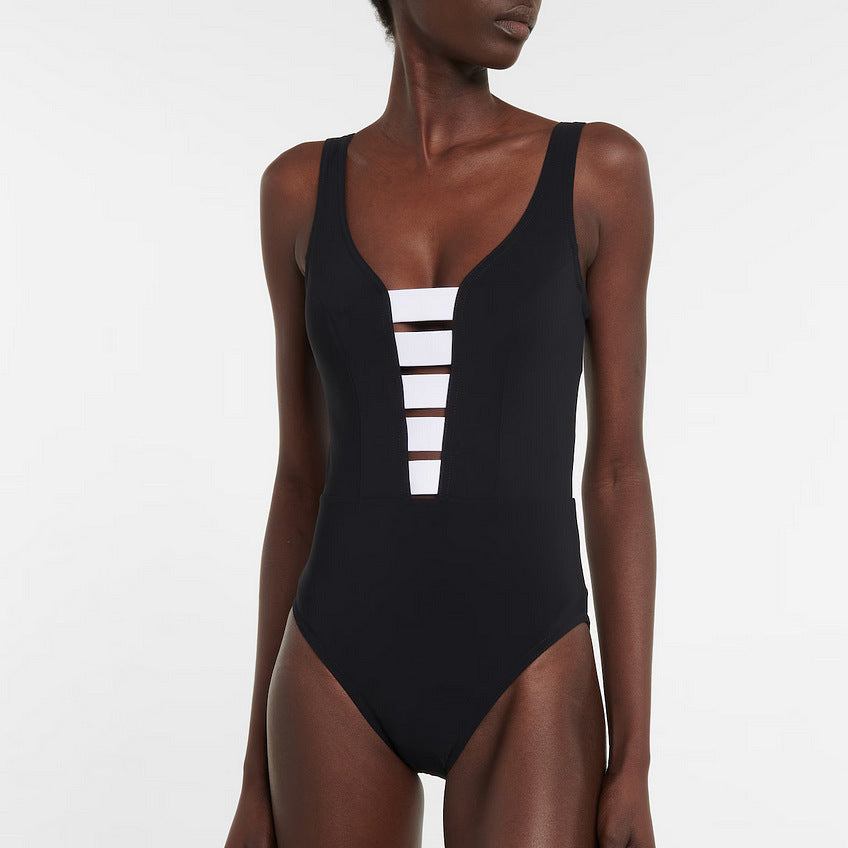 V-neck Black And White Stitching Simple One-piece Swimsuit Suit Women