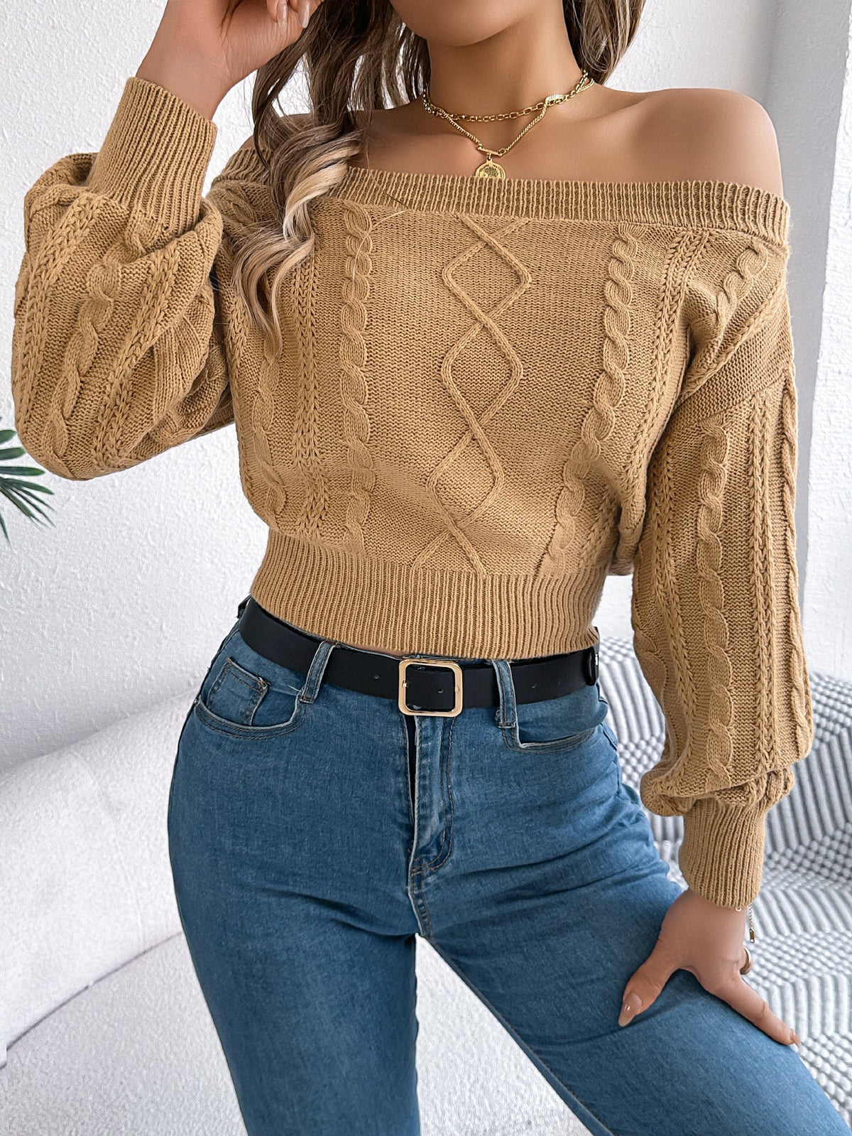 Women Casual Solid Color Off-Shoulder V-Neck Long Sleeve Pullover Sweater