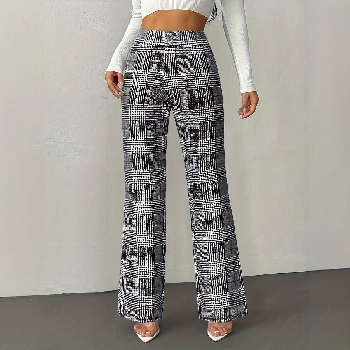Houndstooth Wide-leg High-waisted Versatile Slim-fit Wool Straight-leg Pants