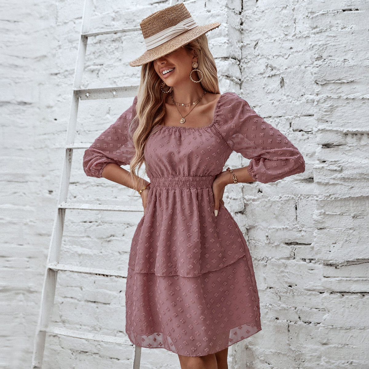 Women's Fashion Square Neck Backless Jacquard Dress
