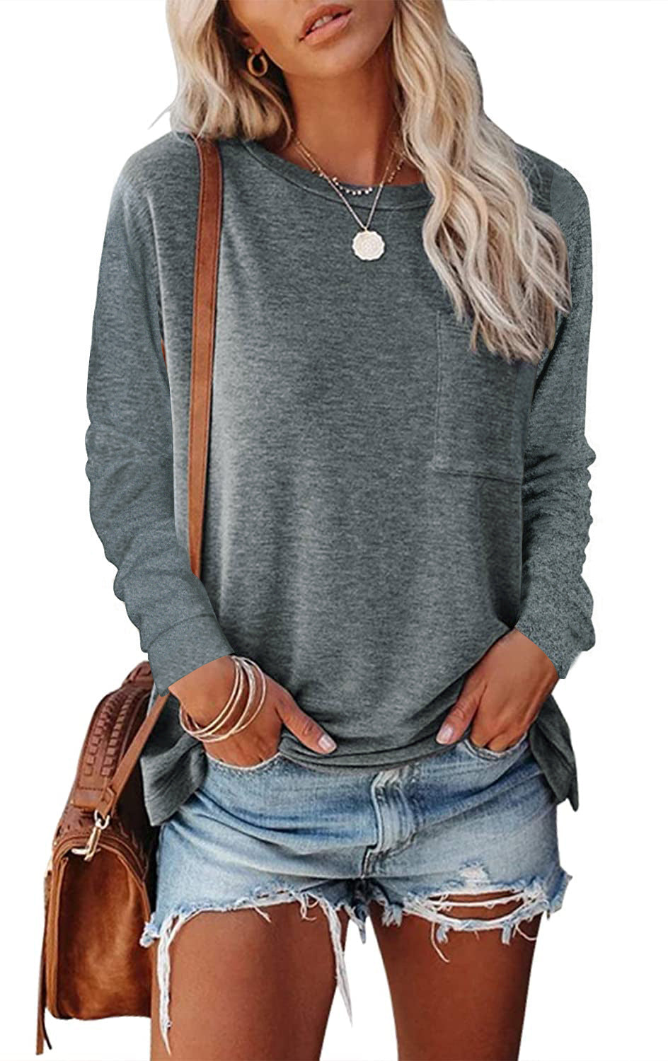 Women's Pocket Split Long Sleeve T-Shirt | Casual Round Neck Layering Top
