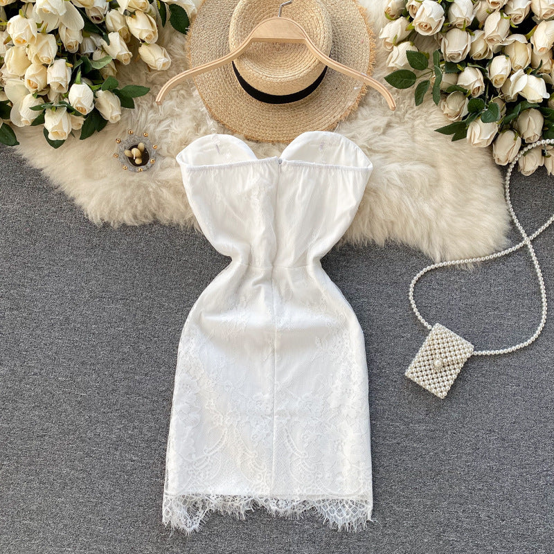 V-neck Padded Backless Tube Top Lace Dress