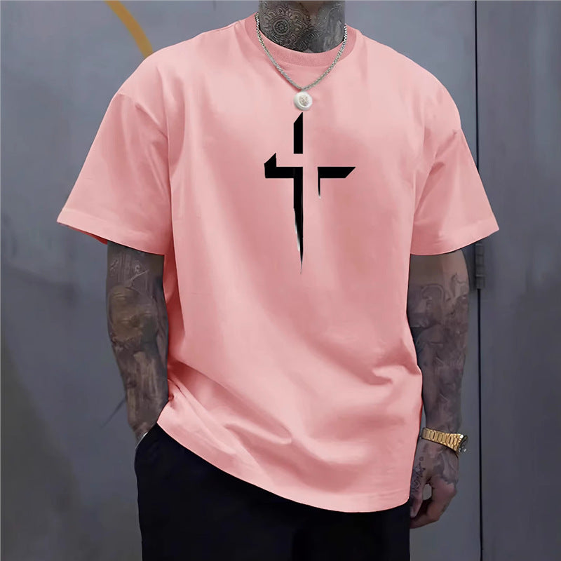 Street-style Mens Casual Loose-fit Cross-print Creative Sports Short-sleeve Top